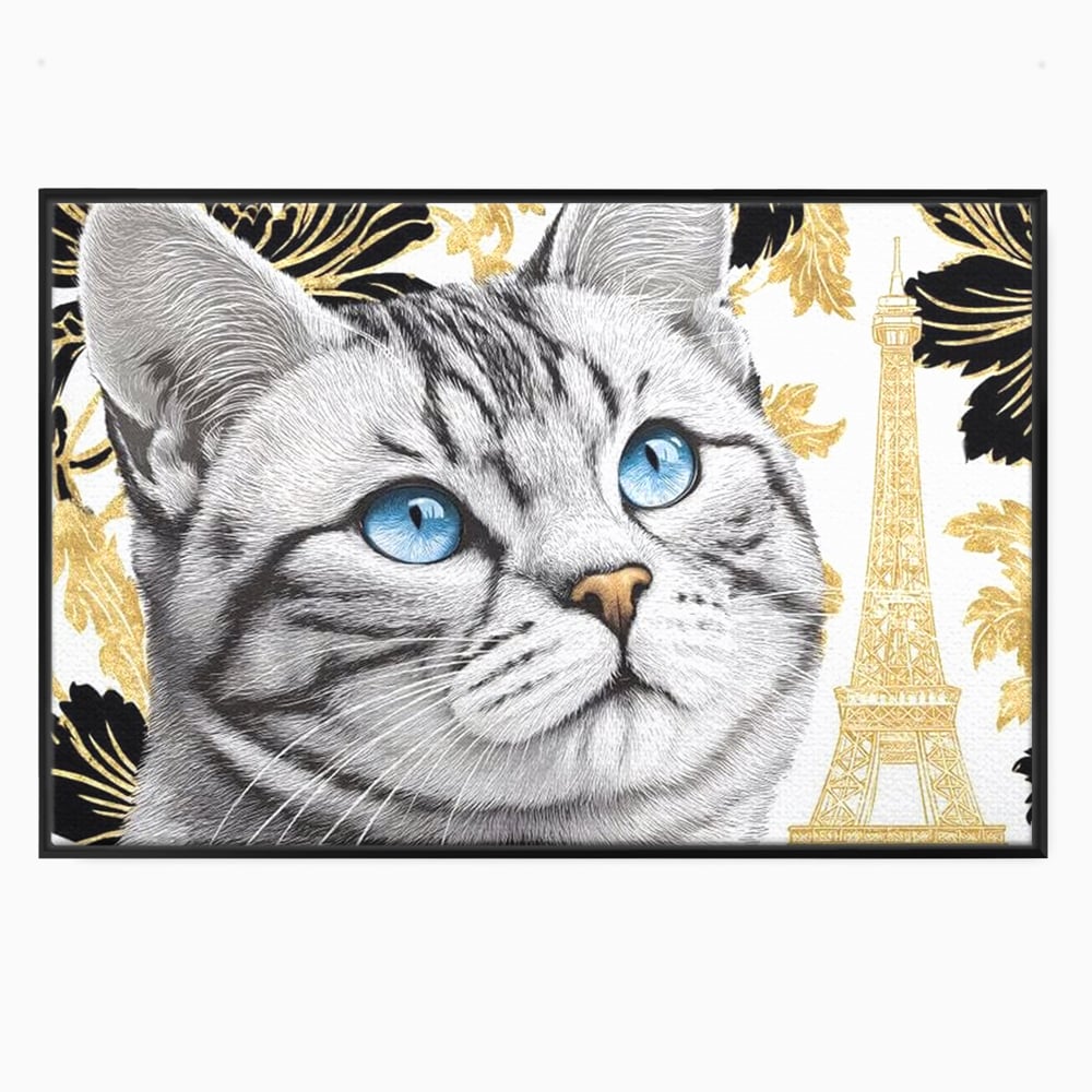 Tablou canvas cu tablou canvas cu pisica si turnul eiffel, in rama de aluminiu negru